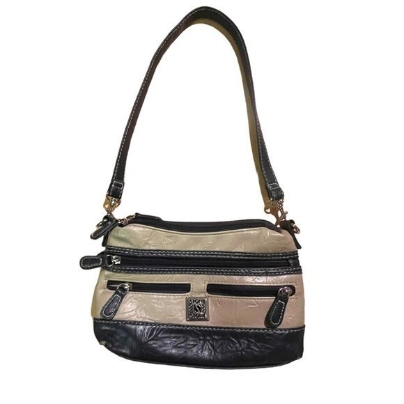 Stone & Co Tumbled Leather Beige & Navy Blue Small Double Zip Shoulder Bag Purse - Picture 1 of 14
